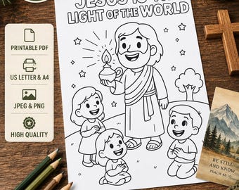 Könnte beinhalten: Eine druckbare Malvorlage mit einer Cartoon-Illustration einer Figur, die eine Lampe hält, mit dem Text Jesus Is The Light Of The World, umgeben von Kindern, Sternen und Bäumen, bereitgestellt als digitale Datei für A4-Papierformate.