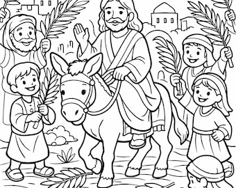 Palm Sunday Coloring Page – Jesus Enters Jerusalem Christian Easter Bible Story Printable for Kids, Sunday School Activity