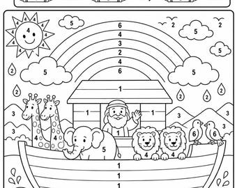 Noah’s Ark Color by Number Printable, Bible Story Coloring Page for Kids, Christian Sunday School Activity Worksheet, Homeschool and VBS