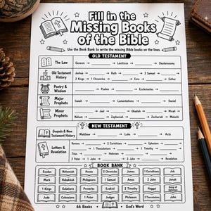 May include: A black and white educational worksheet titled Fill in the Missing Books of the Bible. The page features sections for the Old and New Testament with blank lines for writing, accompanied by a Book Bank containing various book titles.