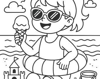 Pagina da colorare estiva sulla spiaggia per bambini - Attività divertente da stampare con gelato, castello di sabbia e sole - Pagina da colorare sulla spiaggia per ragazze