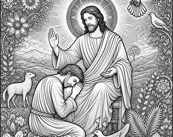 Pagina da colorare "Gesù perdona" - Bibbia cristiana stampabile per bambini e adulti, foglio da colorare religioso, attività per la scuola domenicale