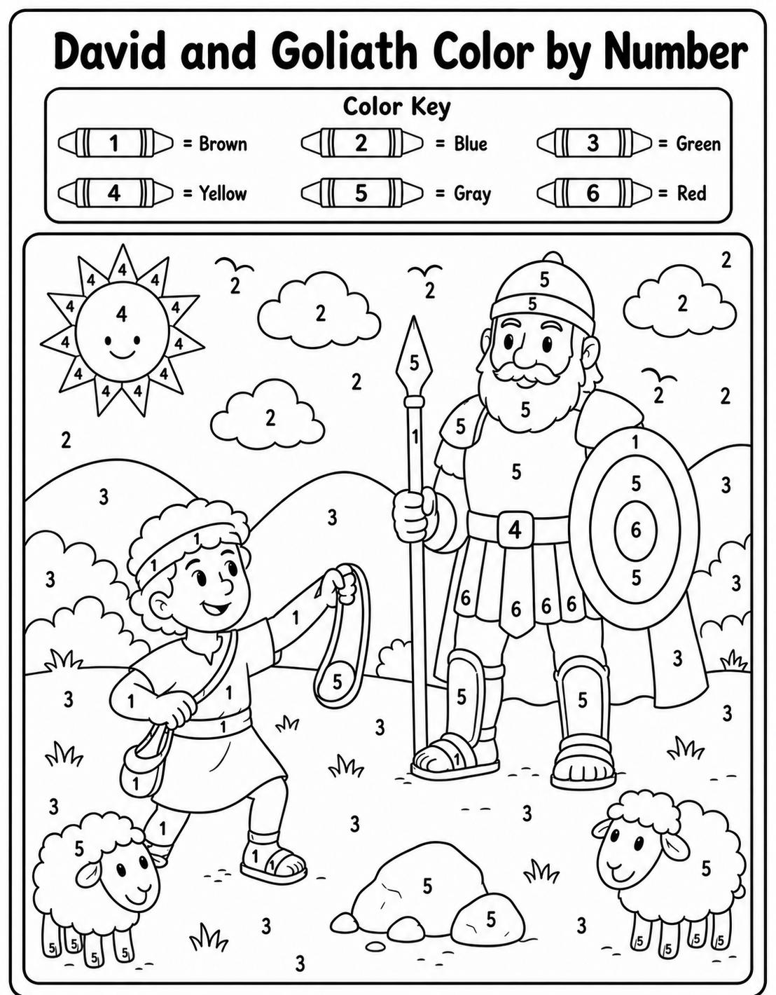 David and Goliath Color by Number Worksheet, Bible Story Coloring Page ...