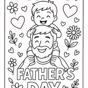 Puede incluir: Ilustración en blanco y negro para el Día del Padre. Un niño está sentado sobre los hombros de un hombre, ambos sonriendo. Las palabras "HAPPY FATHER'S DAY" están arriba y abajo, rodeadas de corazones, flores y hojas.