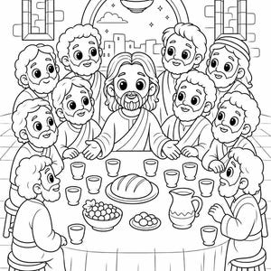 Last Supper Coloring Page for Kids, Jesus and Disciples Bible Printable, Christian Sunday School Activity, Communion Worksheet, Easter Fun,