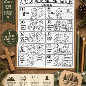 May include: A black and white printable coloring sheet titled The Ten Commandments Exodus 20, featuring ten numbered panels with illustrations and text depicting biblical lessons, presented on a wooden clipboard with colored pencils.