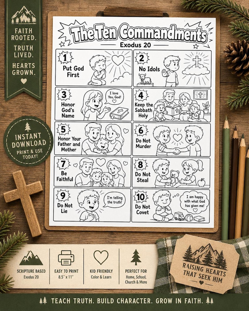 10 Commandments Coloring Page, Bible Activity Worksheet for Kids ...