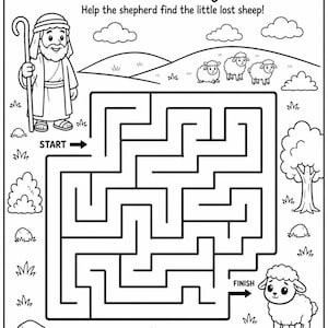 May include: Black and white illustration of a maze titled "The Lost Sheep Maze." The image features a shepherd, sheep, and a maze path. The text "Help the shepherd find the little lost sheep!" is also included.