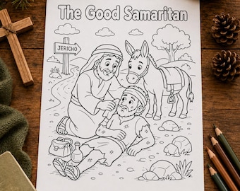 Disegno da colorare del Buon Samaritano / Storia biblica stampabile per bambini / Scheda di attività per la scuola domenicale / Lezione sulla gentilezza cristiana, Scuola biblica estiva