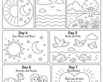 Página para colorear de los 7 días de la Creación / Hoja de trabajo bíblica sobre la historia de la Creación / Actividad imprimible para niños de la escuela dominical / Descarga para la escuela bíblica de vacaciones