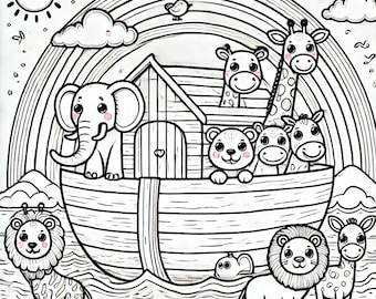 Noah’s Ark Coloring Page – Christian Bible Story Printable for Kids, Sunday School Activity Sheet, Religious Coloring