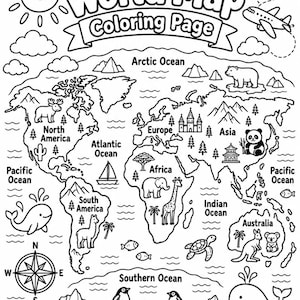 以下が含まれることがあります： 上部に「World Map Coloring Page」というテキストが書かれた、白黒の世界地図の塗り絵ページ。地図には動物、ランドマーク、太陽、雲、飛行機、方位磁針のイラストが含まれており、海と大陸の名前が記載されています。