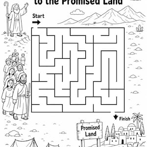 以下が含まれることがあります： Moses Leads the People to the Promised Landと題された白黒のアクティビティシート。中央にStartとFinishのマーカーが付いた迷路があり、その周囲にモーセ、人々のグループ、テント、山々、そしてPromised Landと書かれた看板のイラストが描かれています。