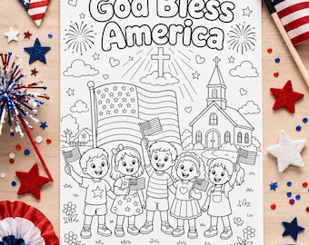 God Bless America Coloring Page | Christian 4th of July Kids Activity | Patriotic Sunday School Printable | USA Flag Church PDF