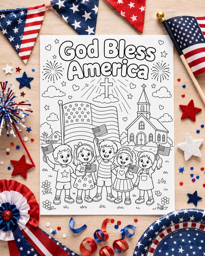 God Bless America Coloring Page | Christian 4th of July Kids Activity ...