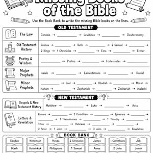 May include: A black and white educational worksheet titled Fill in the Missing Books of the Bible. It features sections for the Old and New Testaments with blank lines for writing, alongside a Book Bank containing various Bible book names.