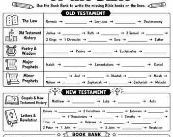 Books of the Bible Worksheet, Fill in Missing Books Activity, Old & New Testament Sunday School, Christian Kids, Homeschool Bible Printable