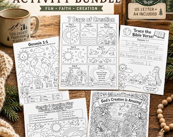 Genesis 1 Activity Pack Bundle, 7 Days of Creation Coloring Pages, Bible Verse Tracing, Sunday School Worksheets, VBS Printable Packet