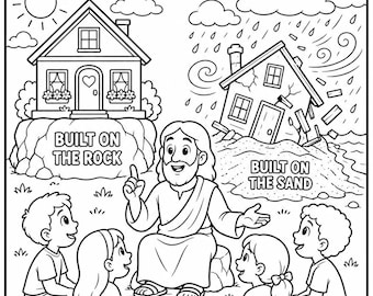 Build Your Life on Jesus Coloring Page, Matthew 7:24-27 Sunday School Printable, Wise and Foolish Builders Bible Lesson, Homeschool and VBS