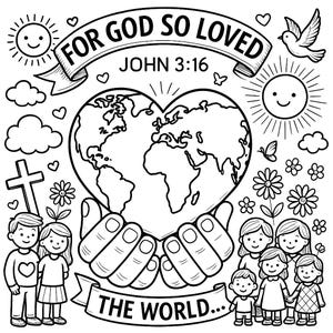 Verset biblique à colorier de Jean 3:16 pour les enfants - activité chrétienne imprimable - activité de Jésus - leçon d'école du dimanche - verset biblique pour enfants - VBS