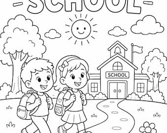 Op de afbeelding: Een zwart-wit kleurplaat met de tekst BACK TO SCHOOL bovenaan. De illustratie toont twee kinderen met rugzakken die over een pad naar een schoolgebouw lopen, met een lachende zon, bomen, wolken en bloemen in de scène.