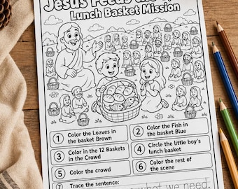 Jesus Feeds the 5,000 Activity Worksheet, 5 Loaves 2 Fish Bible Story Coloring Page, Sunday School Printable for Kids, Homeschool and VBS