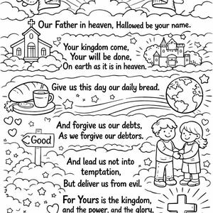Coloriage du Notre Père à imprimer | Activité chrétienne pour enfants | Fiche d'activité pour l'école du dimanche | Verset biblique à colorier