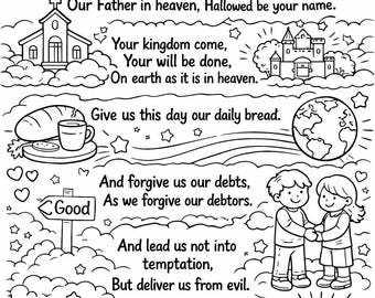 The Lord’s Prayer Coloring Page Printable | Christian Kids Activity | Sunday School Worksheet | Bible Verse Coloring Sheet