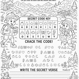 May include: A black and white activity sheet titled CRACK THE BIBLE CODE! Proverbs 3:5. It features a secret code key with symbols and letters, a puzzle section to crack the code, and lined space to write the secret verse, surrounded by nature illustrations.