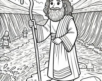 Moses and the Red Sea Coloring Page – Christian Bible Story Printable for Kids, Sunday School Activity Sheet, Religious Coloring