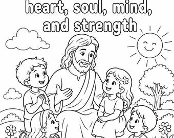 Love the Lord Your God Coloring Page, Mark 12 Bible Verse Printable, Greatest Commandment Sunday School Activity, Christian Kids Worksheet