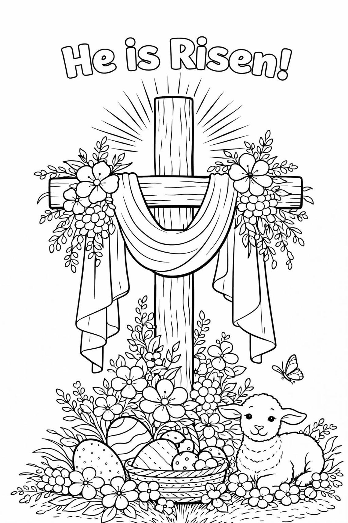 He is Risen Coloring Page | Christian Easter Printable for Kids | Cross ...
