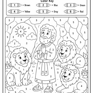 Daniel in the Lions’ Den Color by Number, Bible Coloring Page, Sunday School Activity, Homeschool and VBS Christian Kids Printable Worksheet
