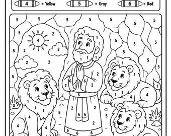 Desenho para colorir de Daniel na cova dos leões, página bíblica para colorir, atividade para escola dominical, folha de atividades cristãs para imprimir para ensino domiciliar e férias bíblicas.