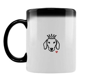 Taza mágica con perro salchicha minimalista con motivo de estampado de corona - Taza mágica de porcelana como regalo para todos los amantes y fanáticos de los perros salchichas