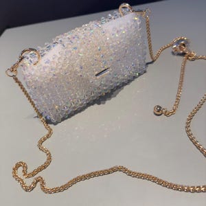 Handmade  Silver Crystal Beaded Bag with Adjustable Gold Metal Chain