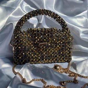 Handmade  Beige Crystal Beaded Bag with Adjustable Gold Metal Chain