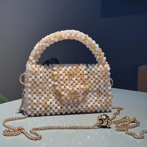 Handmade  Beige Crystal Beaded Bag with Adjustable Gold Metal Chain