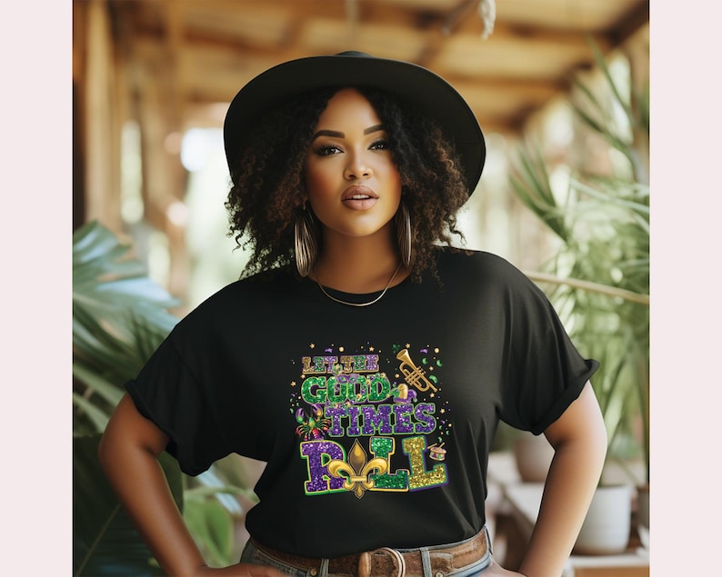 Let the Good Times Roll DTF , Matching Mardi Gras Heat Transfer, Fleur De Lis Beads Faux Glitter Iron On, Funny Mardi Gras Ready To Press image 3