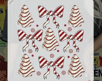 Christmas tree cakes bow DTF Transfer, Christmas Cake Heat Press, Christmas Tree Farm Iron on, Christmas red Bows dtf, Retro Christmas DTF