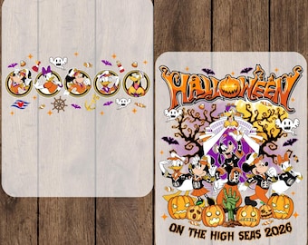 May include: Two rectangular DTF transfer sheets featuring Disney characters in Halloween costumes. One sheet shows circular character portraits, while the other displays a large Halloween on the High Seas 2026 graphic with pumpkins, ghosts, and bats.