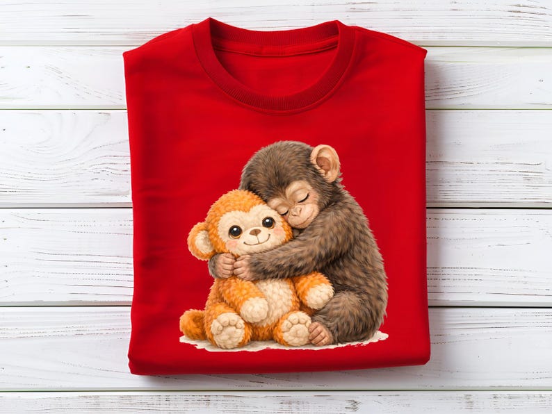 Op de afbeelding: Een rode crewneck sweatshirt met een afbeelding van een bruine aap die een oranje knuffel aap omhelst. De illustratie is in een zachte aquarel stijl. De apen worden afgebeeld met gesloten ogen, wat slaap of comfort suggereert.