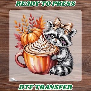 Retro Raccoon Pumpkin Spice Latte Ready To Press, Fall Raccoon Bow Coffee Heat Transfer, Cozy Autumn Iron On, Boho Thanksgiving DTF Print