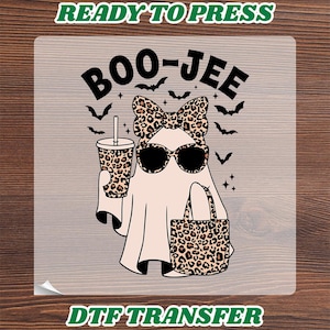 Boo Jee Leopard Print Ghost Ready To Press, Coquette Bow Halloween Heat Transfer, Retro Halloween Coffee Ghost Iron On, Funny Girly Fall DTF