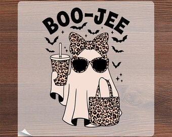 Boo Jee Leopard Print Ghost Ready To Press, Coquette Bow Halloween Heat Transfer, Retro Halloween Coffee Ghost Iron On, Funny Girly Fall DTF