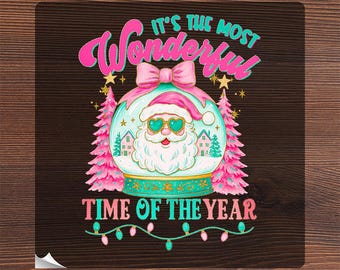 Preppy Christmas Ready To Press, Faux Paint Effect Holiday Heat Transfer, Pink Santa Claus Iron On, Wonderful Time Of The Year DTF
