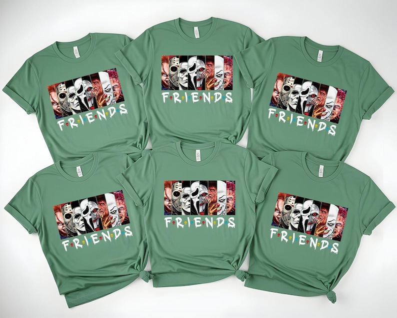 May include: Six green t-shirts with a graphic featuring horror movie characters and the word "FRIENDS" in a colorful font. The graphic includes images of iconic horror movie villains.