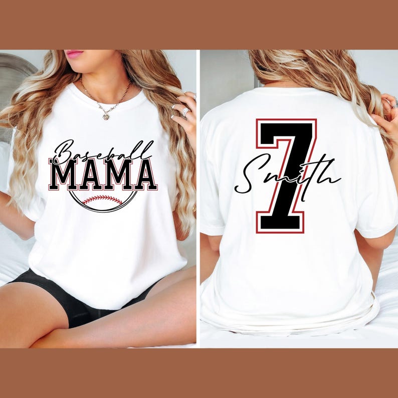 May include: White t-shirt with "Baseball MAMA" in black and red lettering, and a baseball graphic. The back of the shirt displays the number 7 in black with a red outline, and the name "Smith" in script.