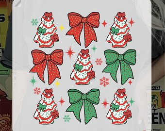 Christmas Tree Cakes Bow Ready to Press, Xmas Cake Heat Press, Coquette Christmas Tree Farm Iron-On Decal, Christmas Red and Green Bows DTF