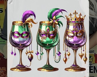 Mardi Gras Wine Glass DTF Print, Fat Tuesday Drinks Shirt Design, New Orleans Party Ready To Press, Mardi Gras Masquerade Mask Heat Transfer